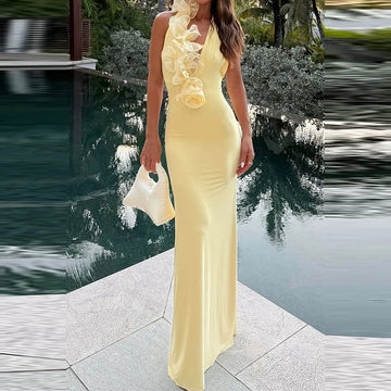 MQTIME  -  Chic Spliced Flower High Waist Banquet Dress Women New Spring Sexy Halter V Neck Robe Dress Summer Backless Wrap Hip Party Dress